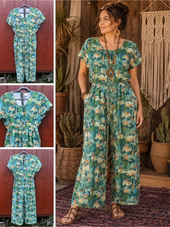 World Market Pants - World Market Tiger Jungle Print Cotton Jumpsuit Large XL Boho Safari Wide Leg
